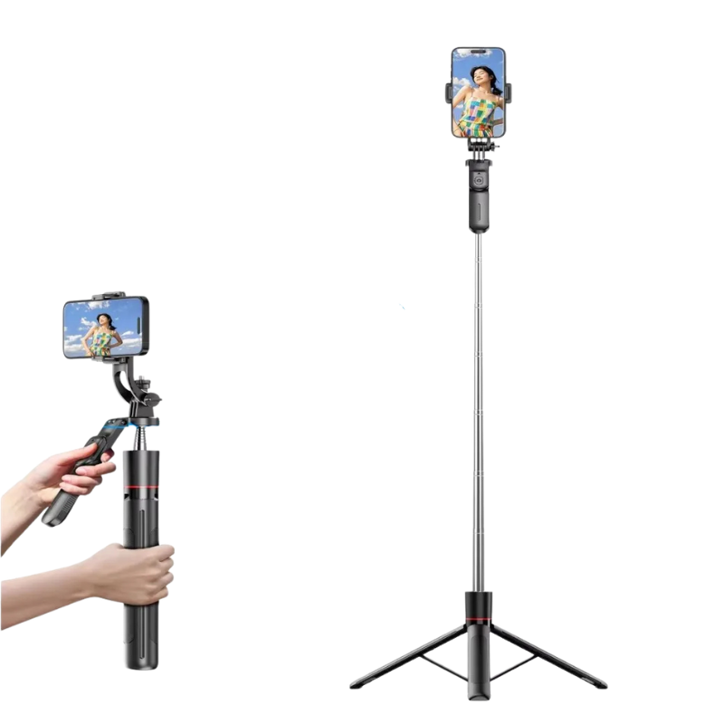 Selfie stick extensibile con tripod, remote bluetooth e rotazione 360° per smartphone e registrazioni video.