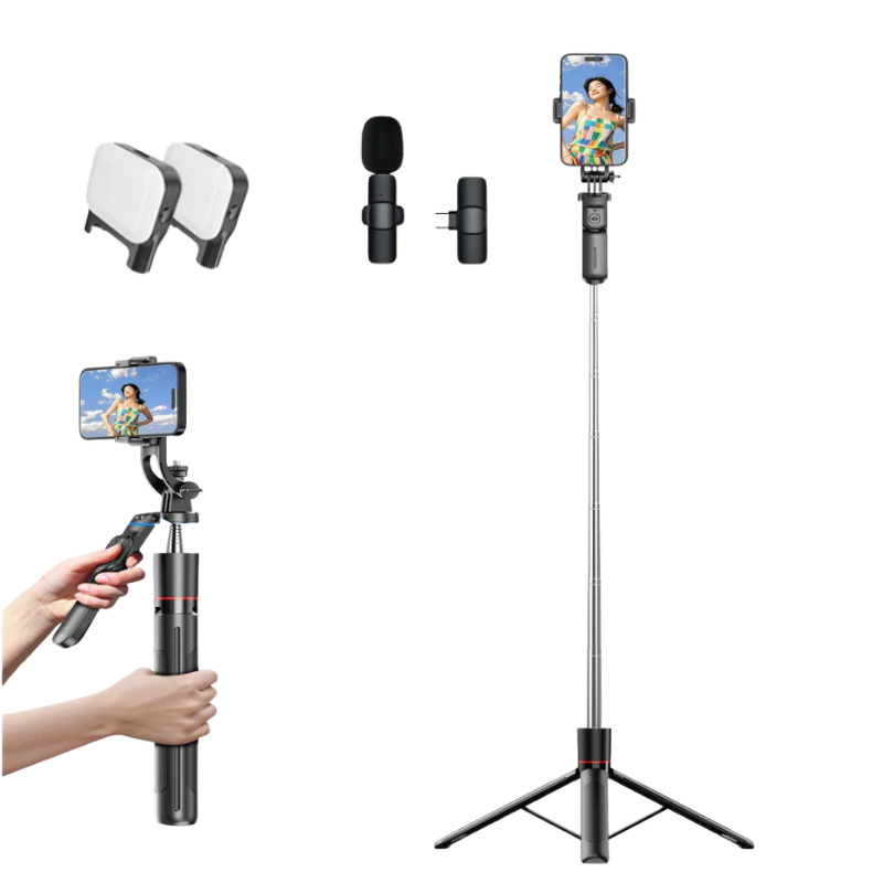 Selfie stick estensibile con treppiede, luce di riempimento, remoto Bluetooth e supporto multifunzionale per smartphone e live streaming.