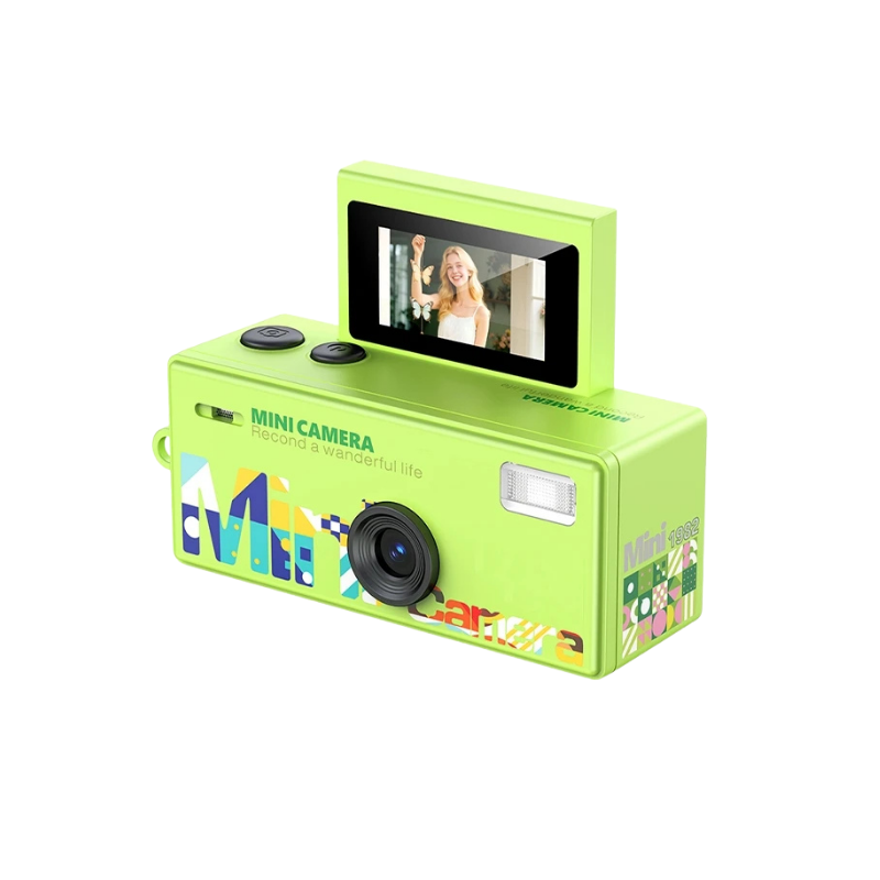 Mini camera verde lime con schermo rotante 180°, design retrò e grafica colorata. Piccola videocamera HD con flash e lente frontale.