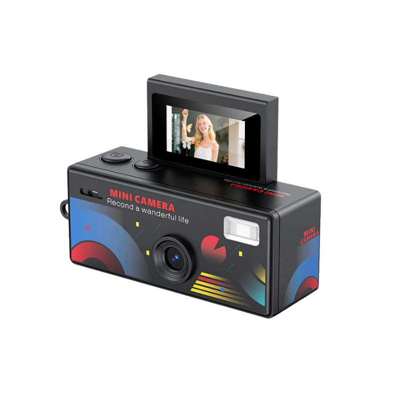 Mini camera retrò portatile con schermo ribaltabile HD, design colorato e flash integrato per foto e video.