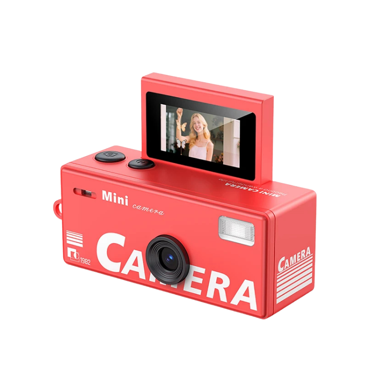 Mini camera retro rossa con schermo ribaltabile HD, design vintage e lentesi HD per foto e video.
