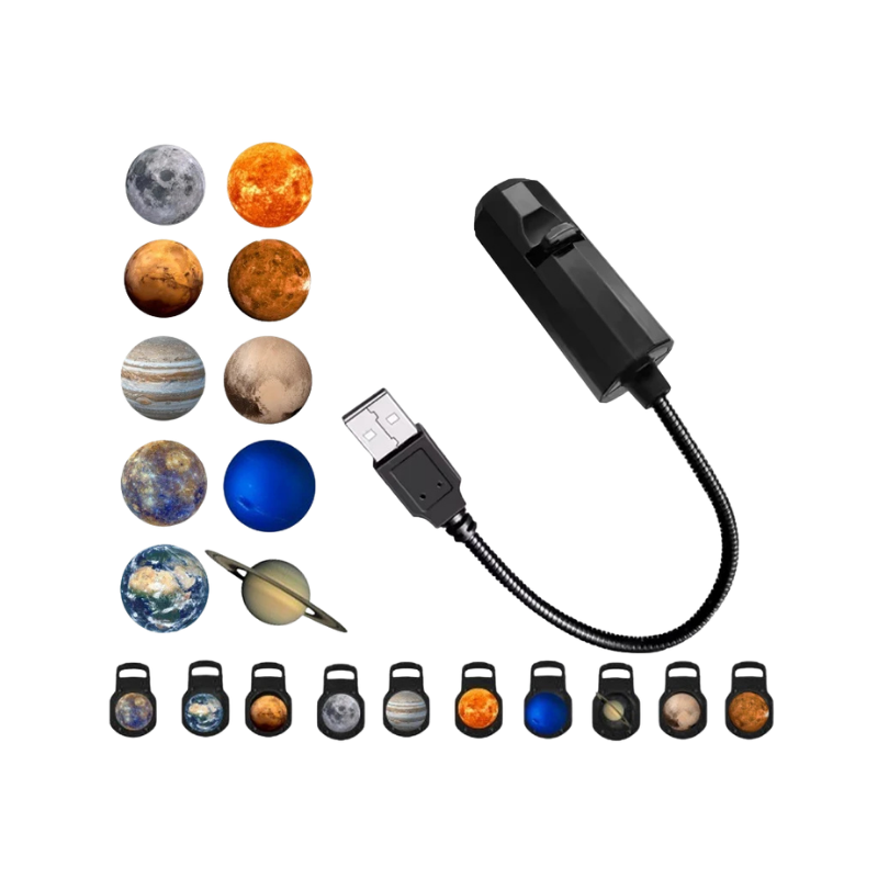 Proiettore USB con dischetti per stelle e pianeti, lampada decorativa rotante per soffitto e pareti con scene celesti.