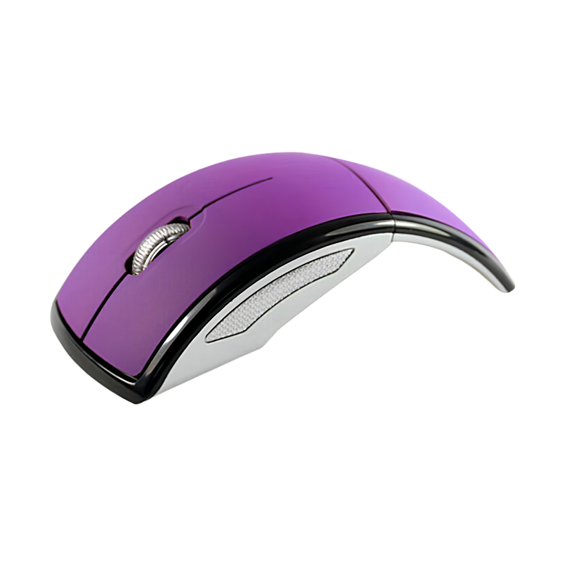 Mouse wireless pieghevole portatile viola con interruttore, trasmis. 2.4GHz, 1600DPI e plug & play fino a 10m.