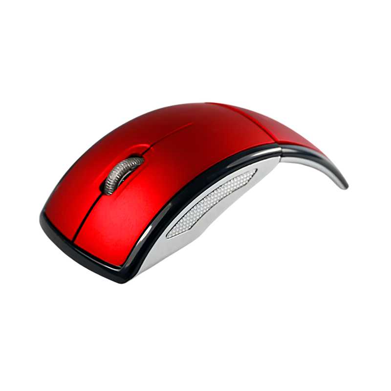 Mouse wireless pieghevole rosso con ricevitore compatto, trasmissione 2.4GHz fino a 10m, switch di accensione e 1600 CPI.