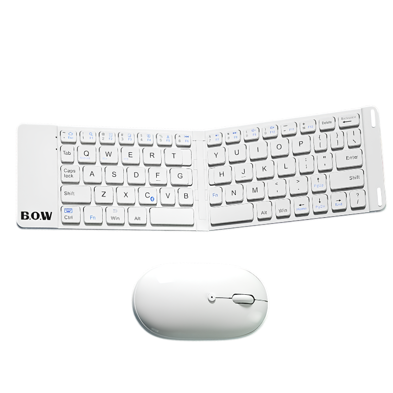 Set tastiera Bluetooth pieghevole bianca e mouse wireless portatili, ideali peraffari e viaggi, con design compatto e tasti full-size.