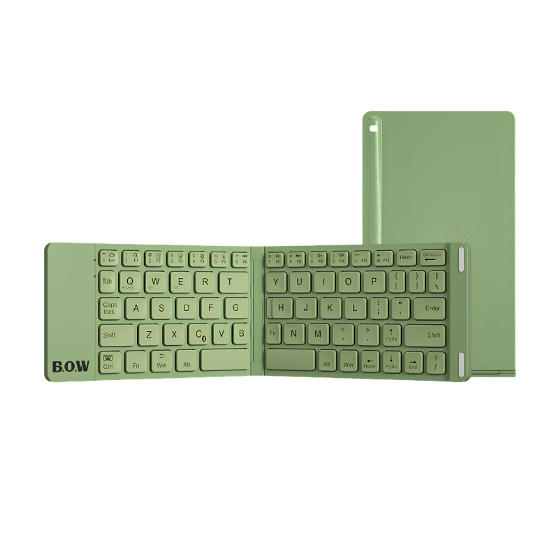 tastiera Bluetooth piegabile verde con supporto tablet, compatta e portatile per lavoro e viaggio.