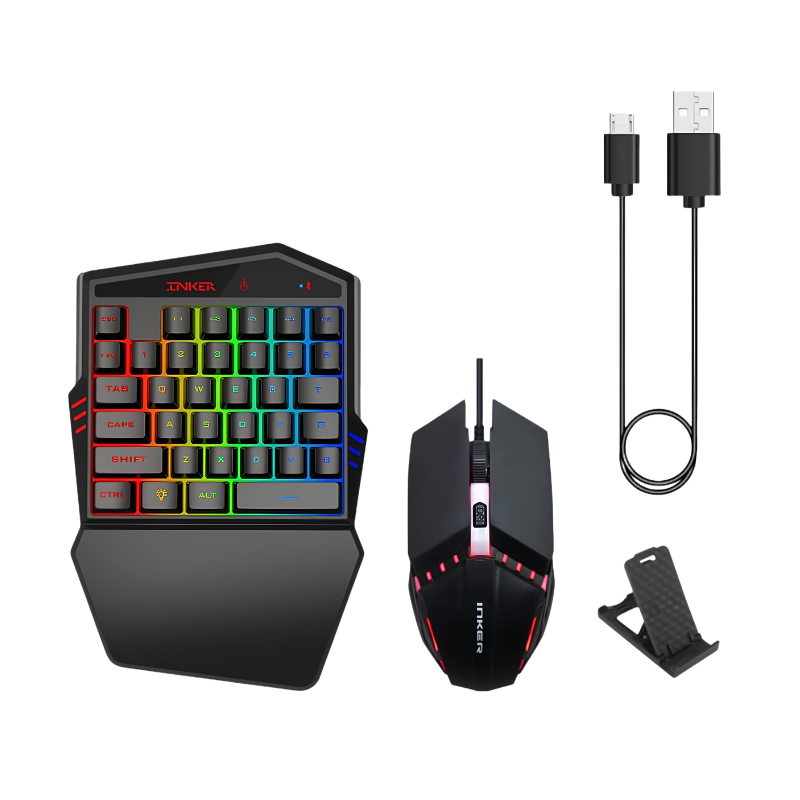 Set tastiera gaming trono con mouse RGB e supporto telefono per FPS via Bluetooth 4.2, con cavo di collegamento.