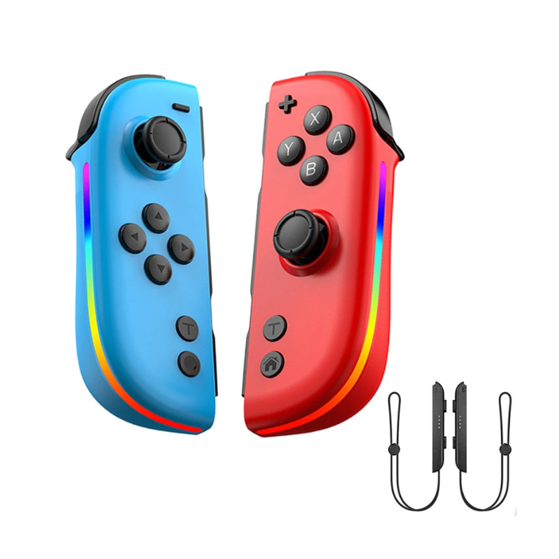 Pair di controller RGB LED compatibili Nintendo Switch, con joystick Hall, giroscopio e cordoncanti anti-smotto.