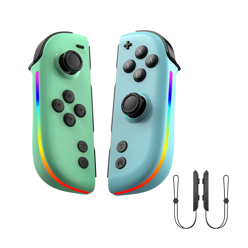 Controller RGB LED per Nintendo Switch con joystick Hall, giroscopio 6 assi e funzione Turbo, versione verde e blu con lacci.