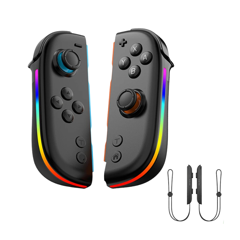 Paia di controllerRGB LED per Nintendo Switch con joystick Hall, giroscopio 6 assi e funzione Turbo, inclusi laccetti.