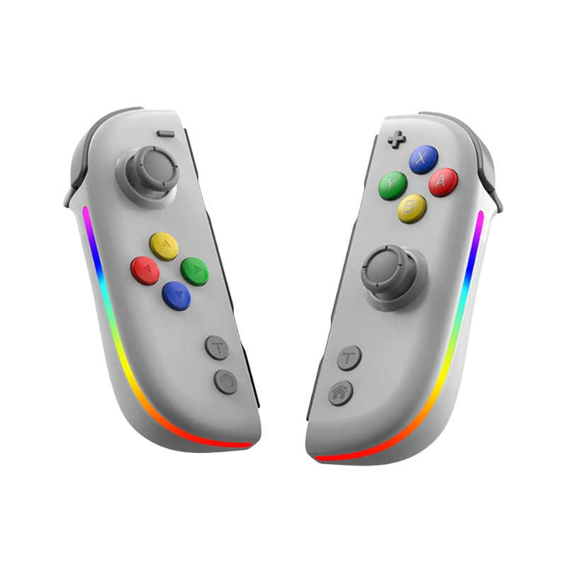 Paia di controller grigio con illuminazione RGB LED per Nintendo Switch, dotati di joystick Hall e sensore giroscopico.