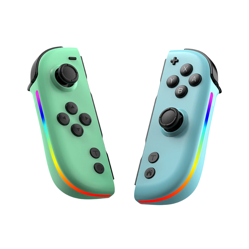 Gamepad RGB LED per Nintendo Switch con joystick Hall, giroscopio 6 assi e funzione Turbo, versione verde e blu.