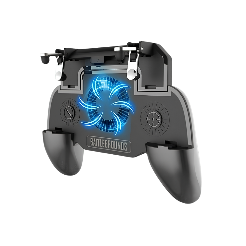 Controller gaming mobile 5 in 1 con ventola di raffreddamento LED blu e power bank, compatibile con smartphone Apple e Android.
