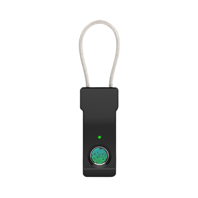 Serratura smart con sensore biometrico, LED verde attivo e cavo in acciaio per porte e borse.