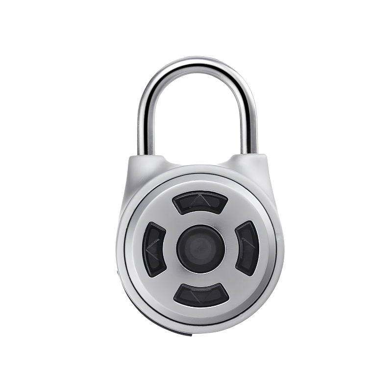 Lucchetto elettronico Bluetooth argentato con tastiera a direzioni per password. Design moderno e sicuro.