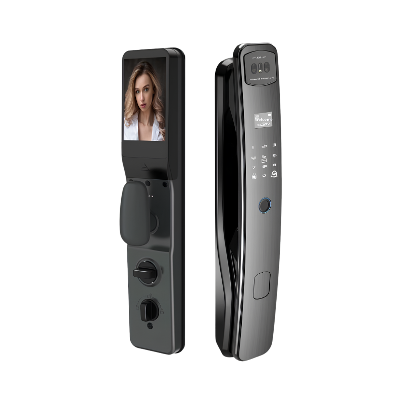 Serratura smart moderna con riconoscimento facciale 3D, lettore impronte, display video e tastierino numerico per accesso sicuro.