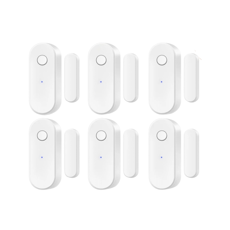 Set di 6 sensori WiFi Tuya per porte e finestre. Allarme anti-intrusione con controllo APP, compatibile con Alexa e Google Home.