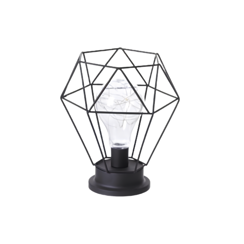 Lampada da tavolo minimalista con gabbia geometrica in ferro e base nera, lampadina trasparente visibile.
