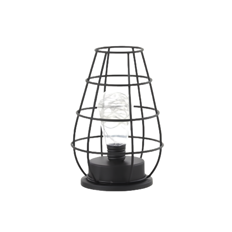 Lampada da tavolo minimalista con struttura a griglia in metallo nera e lampadina visibile