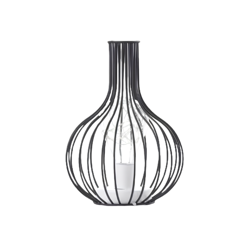 Lampada da tavolo minimalista a gabbia sferica di fili curvi in ferro nero, ideale per lettura o decorazione.
