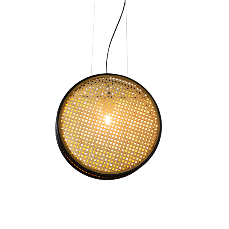 Lampadario retrò in rattan con bordo nero e shade perforato, Ideal per ristorante e casa, e illuminazione LED Economica.