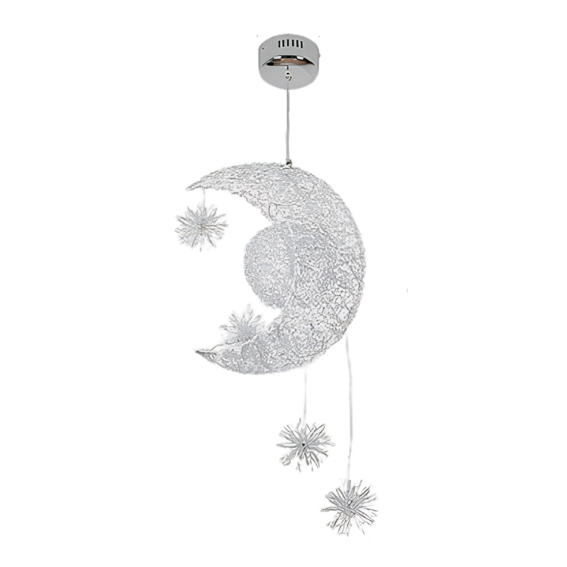 Lampadario in filo di alluminio a luna crescente con stelle pendenti, luce fredda per soggiorno o camera