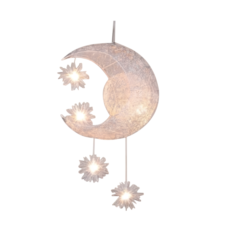 Lampadario luna in ferro con stelle pendenti, LED caldo, altezza 0,6 m, diametro 25 cm