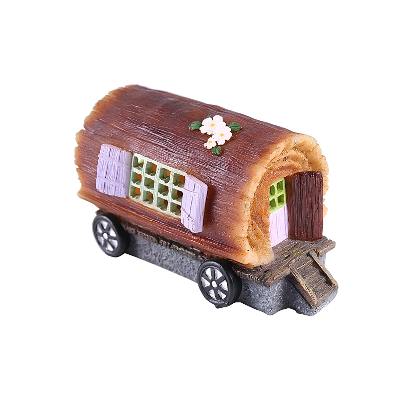 Mini casa in legno con ruote, finestre e fiori, decorazione ornamentale per giardino con luce solare LED.