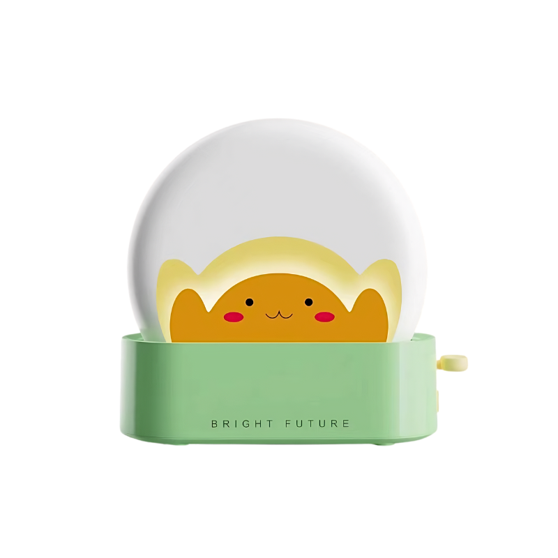 Lampada notturna pane con base verde, design carino con faccina sorridente e tekst "BRIGHT FUTURE", ideale per camera da letto bambini.