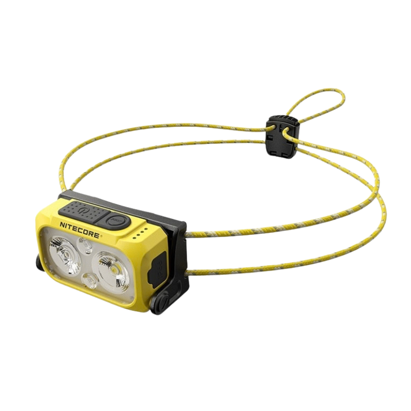 Faro frontale da testa fuoristrada 3W, corpo giallo/nero con cinghia intrecciata, batteria Li‑ion, ABS.