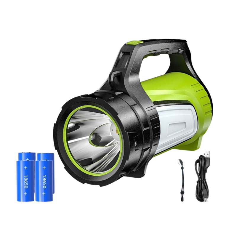 Torcia portatile LED ad alta potenza con manico, batteria 18650, ricarica USB e funzione power bank.