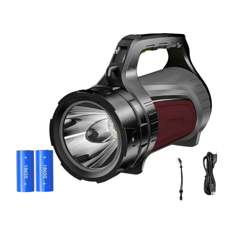 Portatile LED ad alta potenza con manico, batteria 18650, USB e funzione power bank per attività all'aperto e emergenza.
