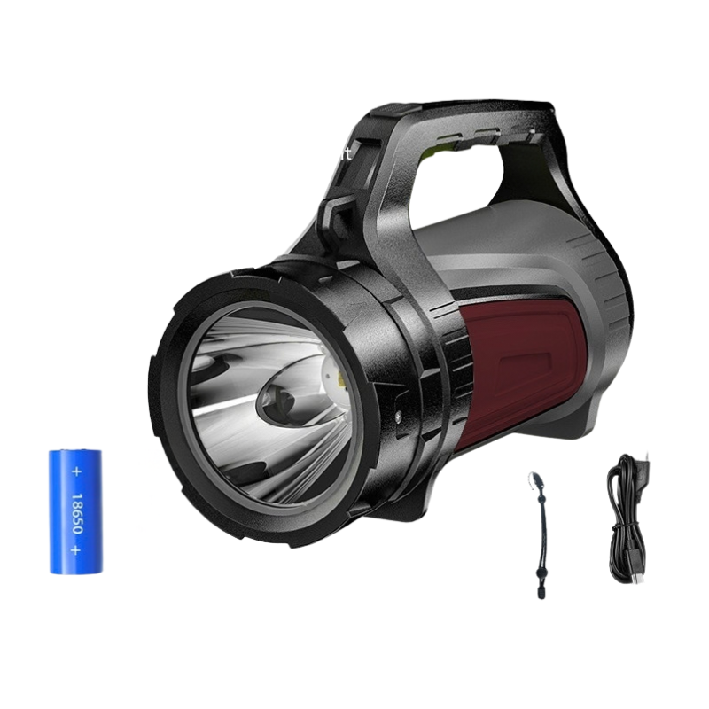 Torcia portatile LED ad alta potenza con batteria 18650, ricarica USB e funzione power bank per esterni ed emergenze.