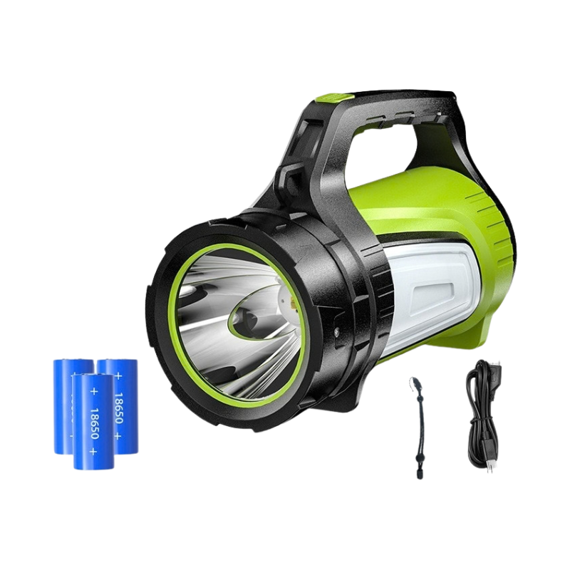 Searchlight portatile LED ad alta potenza con batteria 18650, carica USB e funzione power bank, verde e nero.