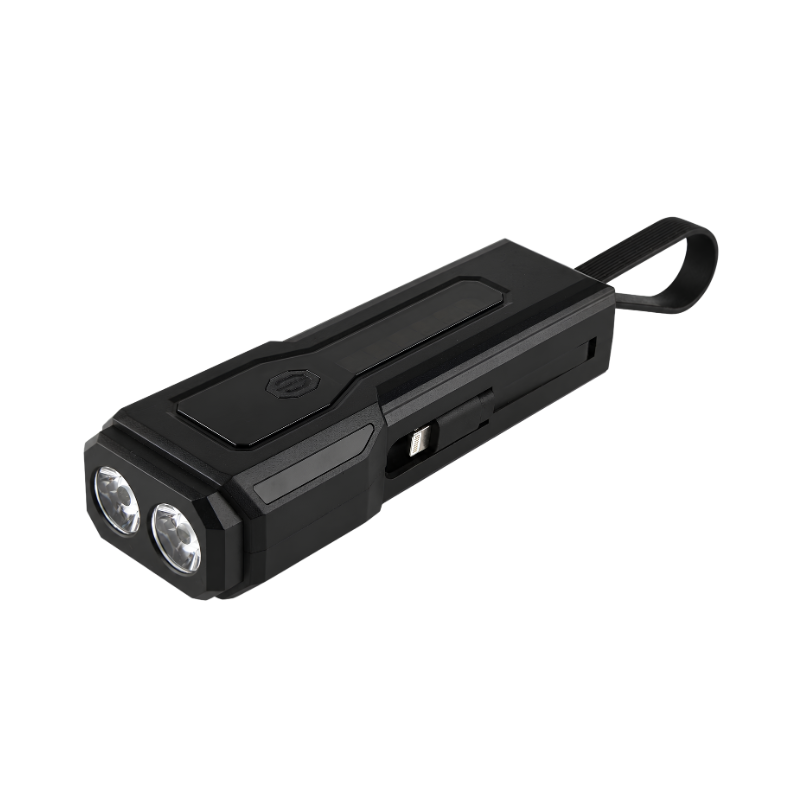 Torcia LED ricaricabile portatile e Power Bank, ideale per emergenza, camping e lavori.