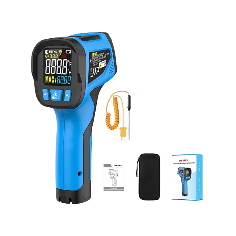 Termometro a infrarossi digitale Mestek non contatto con sonda, display LCD, custodia e manuale, confezione inclusa.