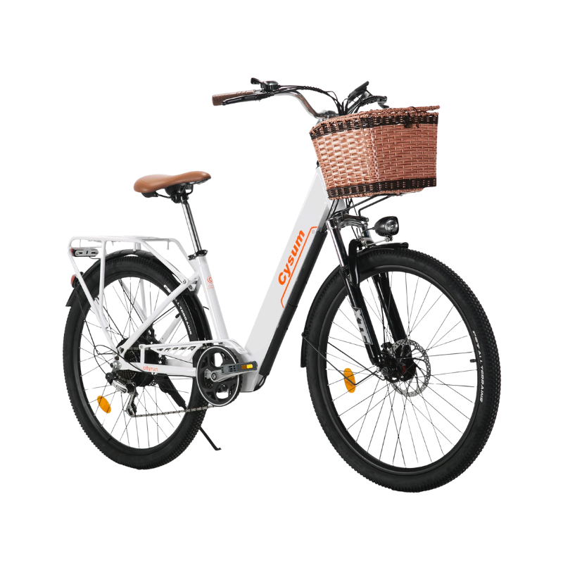 Bicicletta elettrica da città 26 pollici, cestino, telaio bianco, batteria 36V 10Ah non removibile, 250W (fino a 500W)