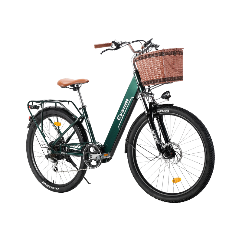 Bicicletta elettrica urbana da 26 pollici per donna, telaio basso, cestino anteriore, batteria 36V 10Ah, motor 250W