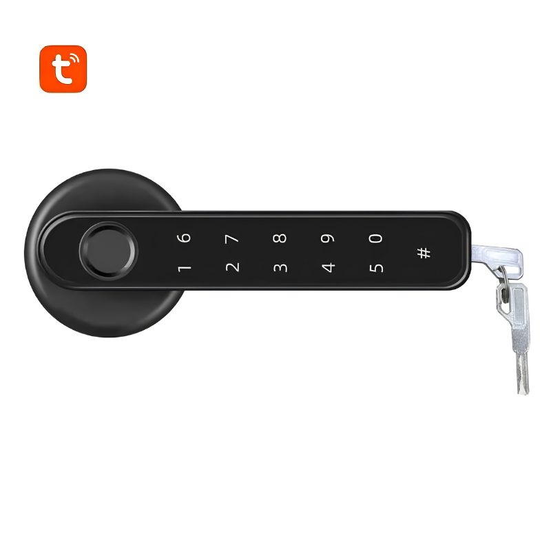 Serratura smart Bluetooth con impronta digitale rapida su maniglia in lega di zinco, tastierino numerico e chiave d’emergenza, supporto app