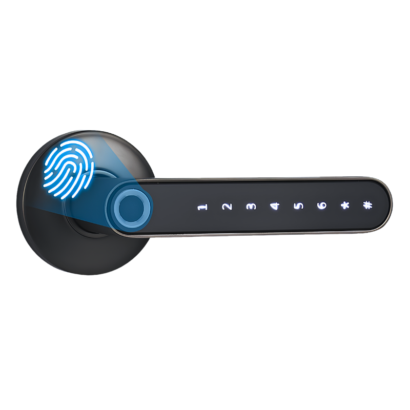 Maniglia porta con serratura intelligente: impronta digitale, accesso senza chiave e controllo Bluetooth per casa.