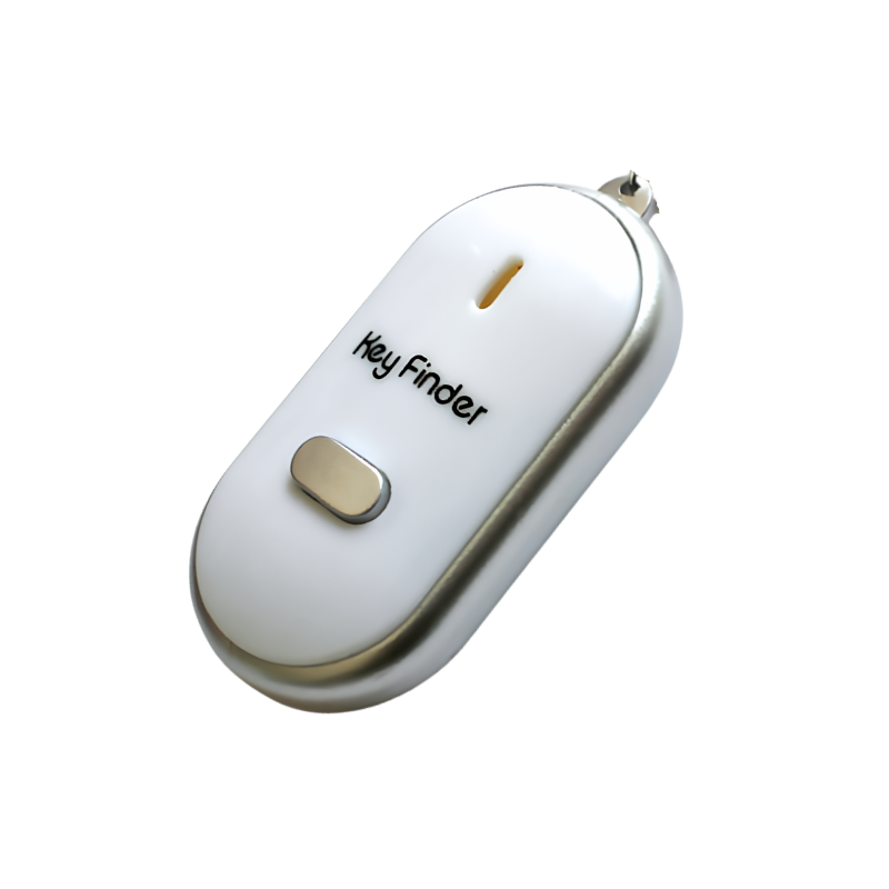 Trova-chiavi bianco compatto con pulsante, controllo vocale; dimensioni 5,5×3×1,5 cm, senza anello, ABS.