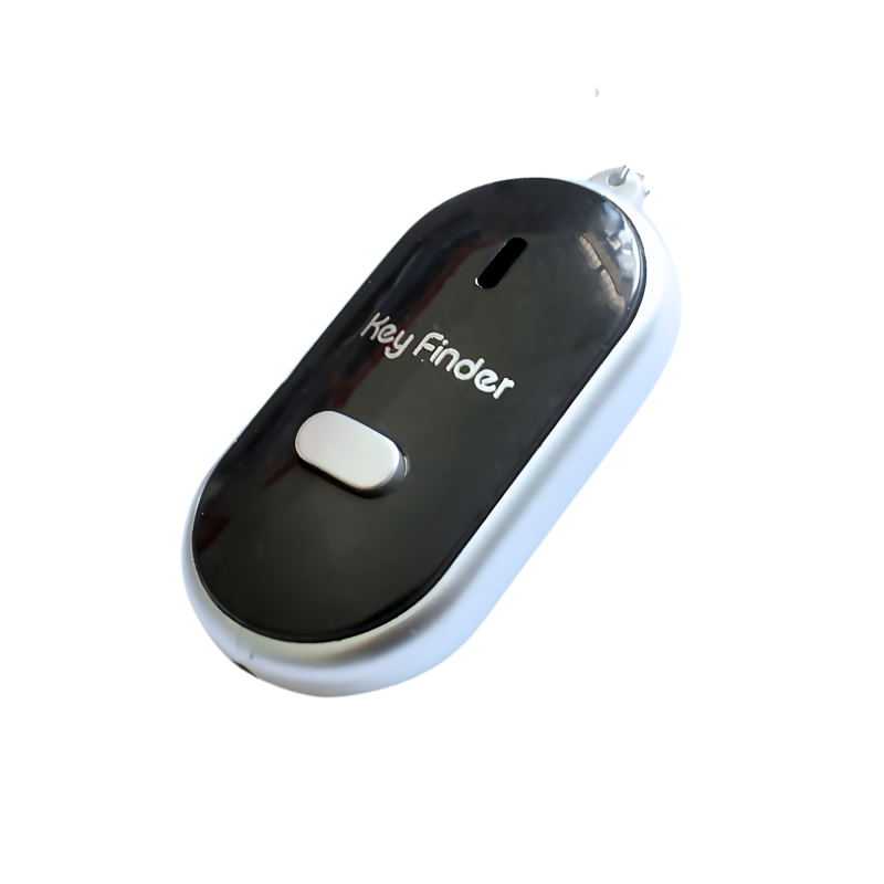Localizzatore chiavi con controllo vocale, superficie nera lucida e pulsante bianco, accessorio compatto