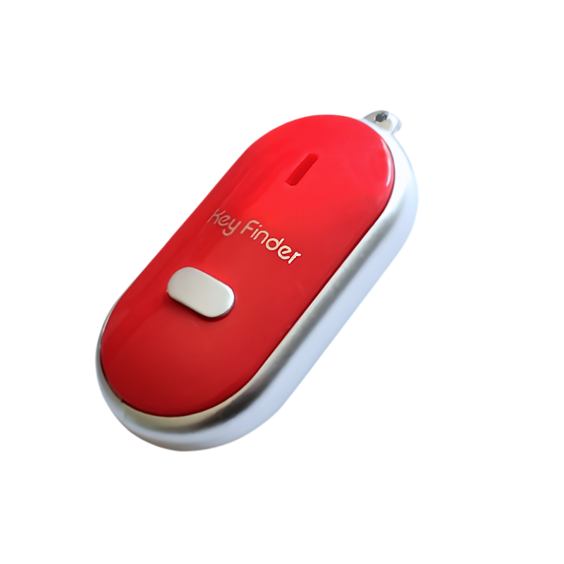 Localizzatore chiavi rosso con pulsante bianco, profilo argentato e funzione controllo vocale