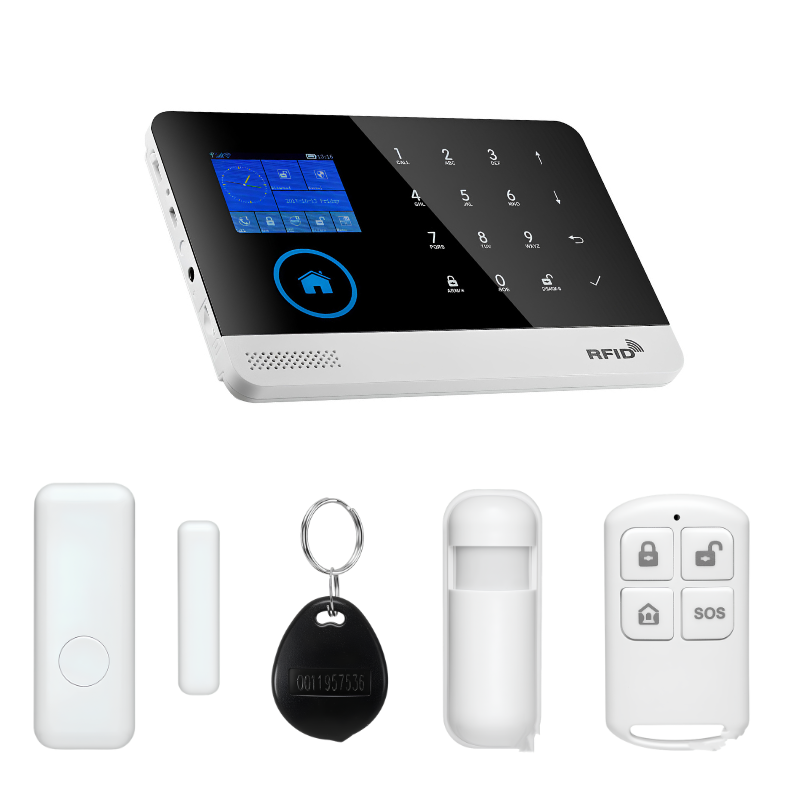 Allarme anti-furto GSM wireless per porte e finestre: unità host W2B, 100 zone, sensori magnetici, fob e telecomando.