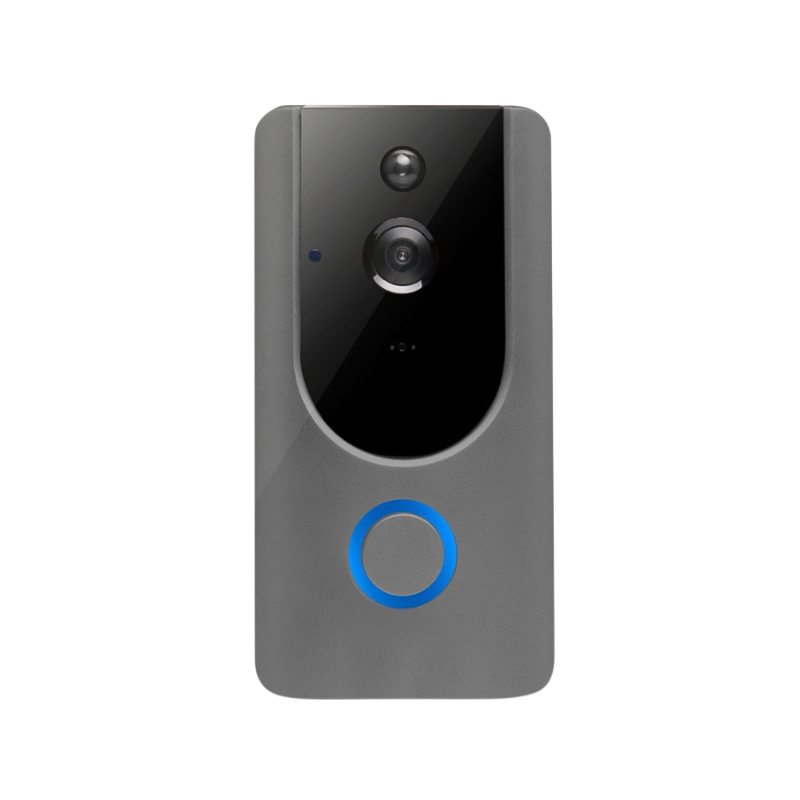 Campanello video WiFi con interfono bidirezionale, visione notturna e pulsante luminoso blu.