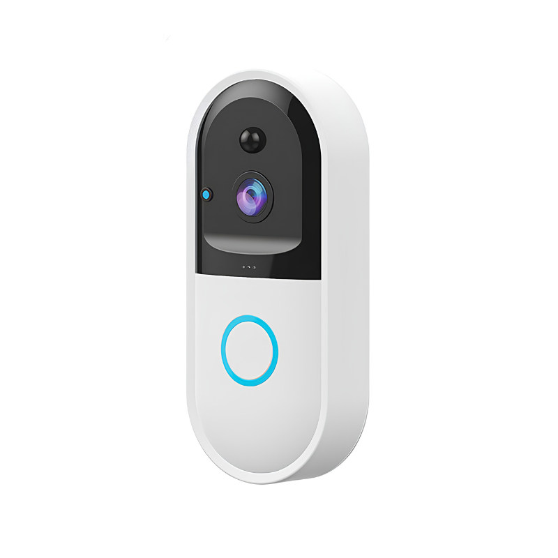 Campanello video wireless per porta di casa con fotocamera 720P, corpo bianco e pulsante blu