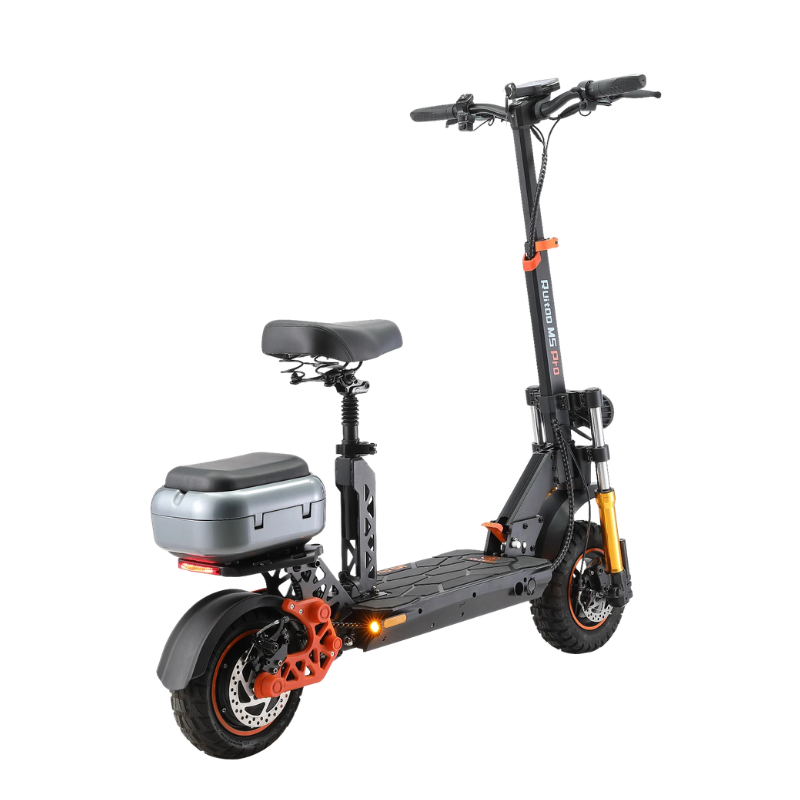 monopattino elettrico pieghevole 1200W con sedile e bauletto, ruote 11 e 10 pollici, freni idraulici, autonomia fino a 80 km.