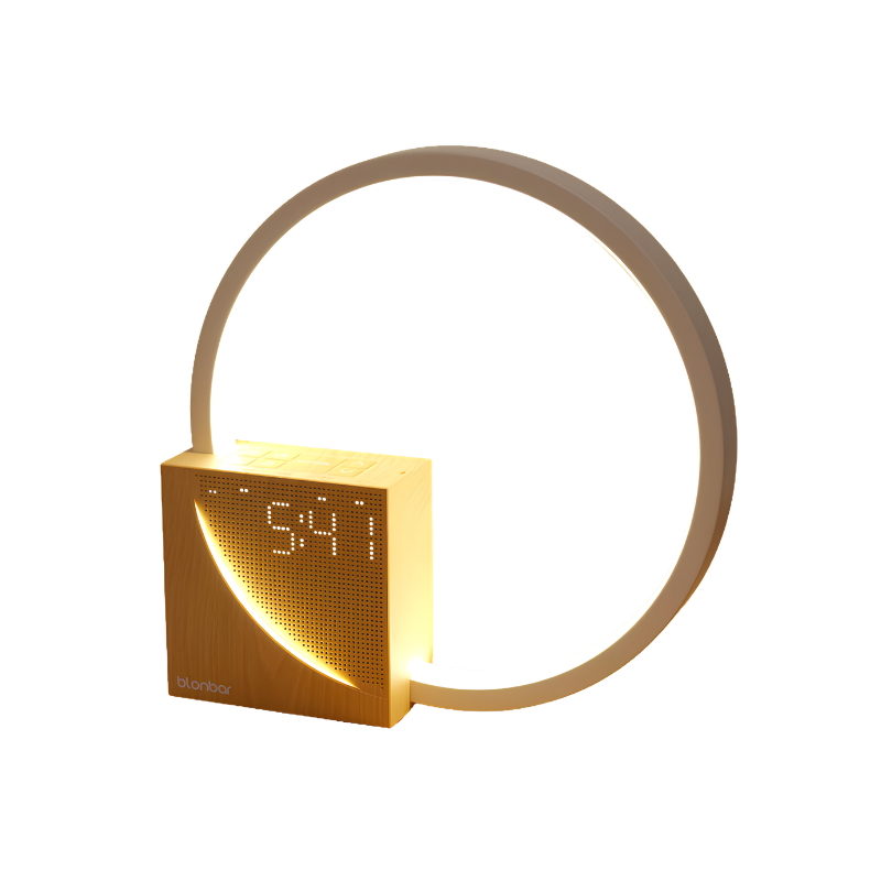 Lampada da tavolo con anello circolare luminoso e base in legno, orologio digitale integrato e controllo touch