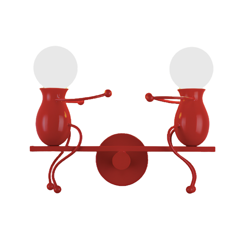Lampada da parete per bambini, modello MB8320, creativa rossa con due figure e bulbi bianchi, attacco E27, LED.