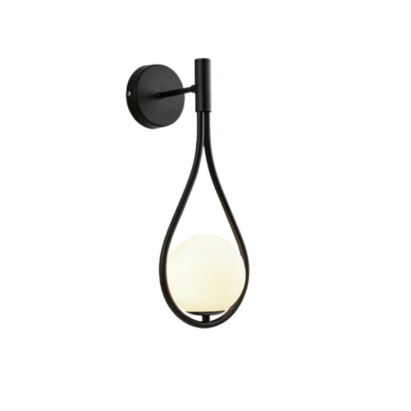 Lampada da parete LED in stile nordico per camera da letto, corpo nero con globo in vetro.